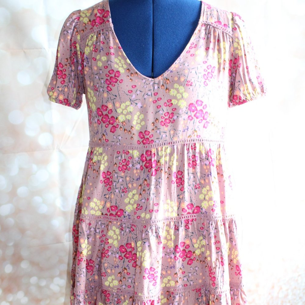 Wild Fable Women's Mauve Floral Short Sleeve Mini Dress ~XS~ 1299629
